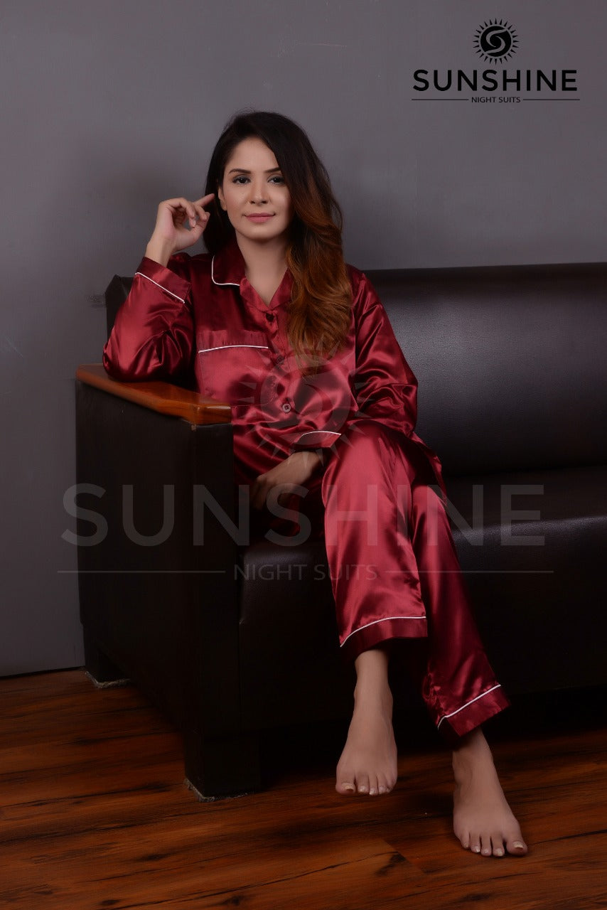 Purchase Maroon Silk Pajamas for Women Online at MaaRss.Explore our collection of premium black silk pajamas tailored for women. This set includes a stylish button-down long-sleeve top and relaxed-fit pants. Elevate your sleepwear with these luxurious and