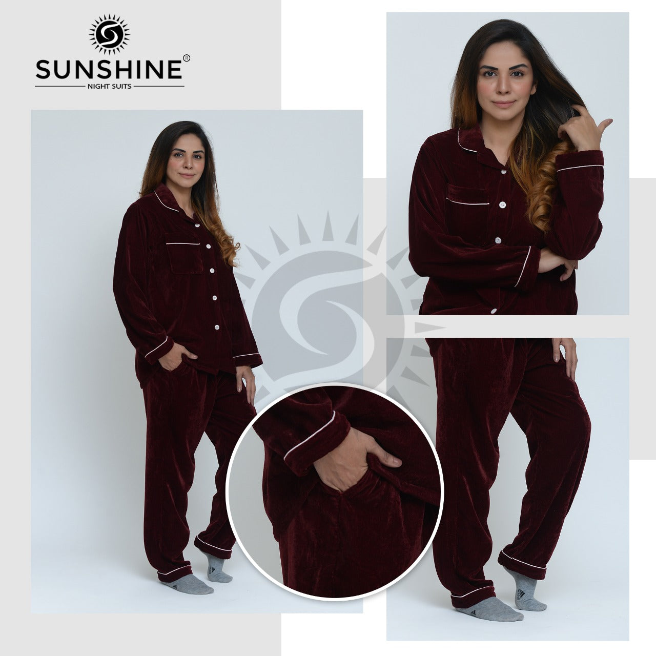 Velvet Nightwear Set For Women Maroon