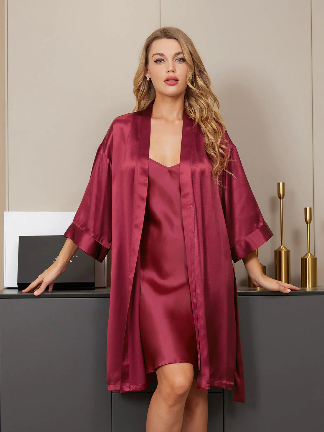 Maroon Silk 2pcs Camisole & Gown Set: Imported silk satin ensemble with short camisole and matching gown, blending comfort and style.