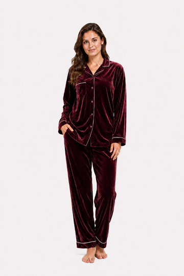 Maroon Velvet Night Suit for Women