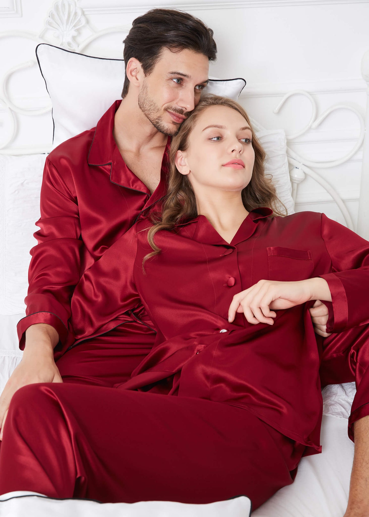 Red Silk Couple Pajamas Sets | Matching Piping