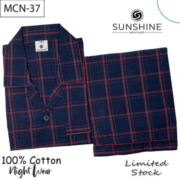 Navy Blue Red Check 100% Cotton Night Suit – MCN-37