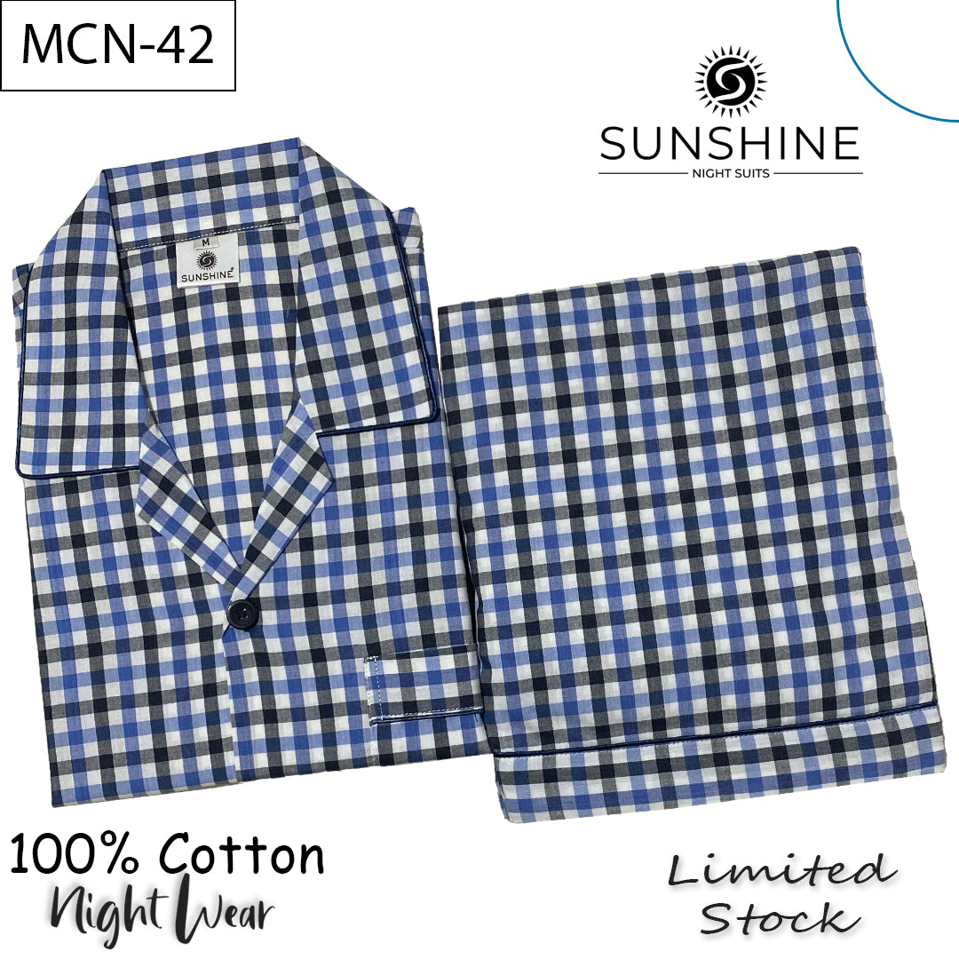 Sky Blue Check 100% Cotton Night Suit – MCN-42