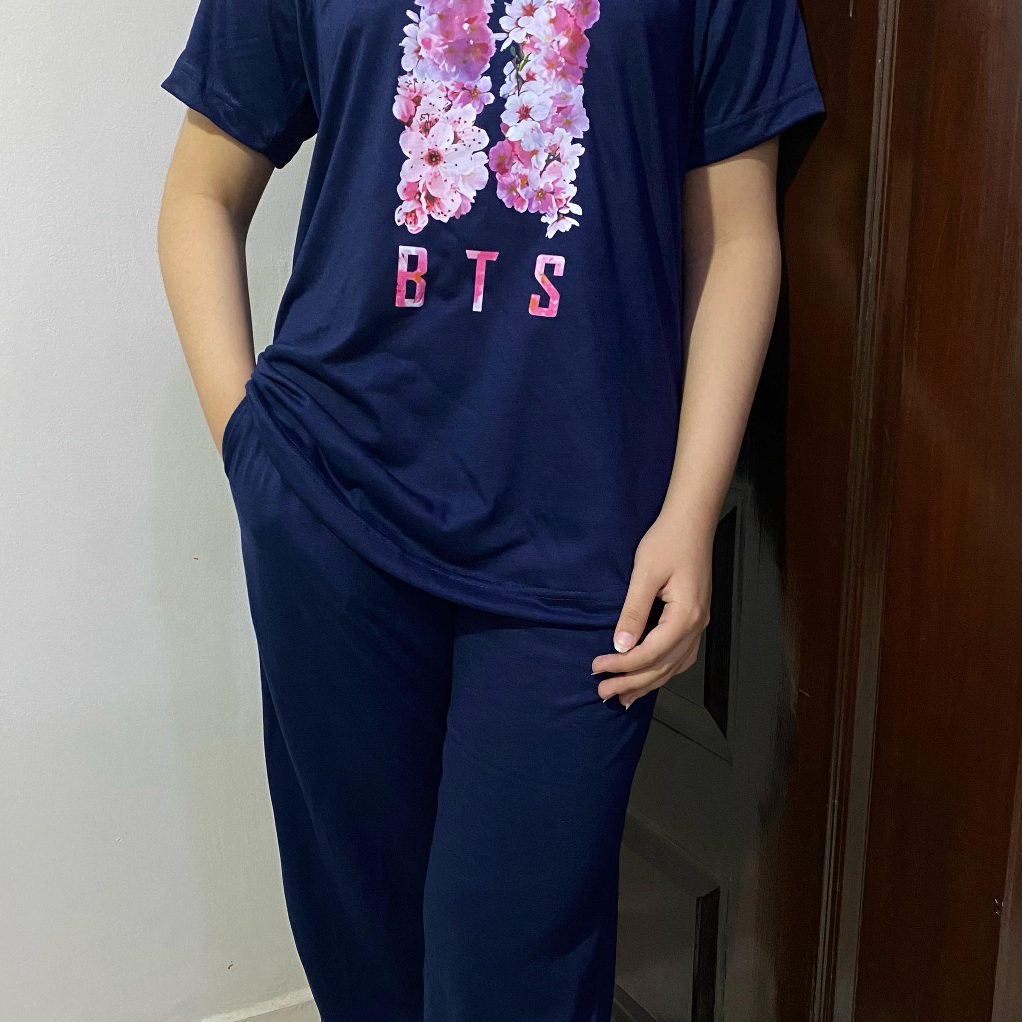 Navy Blue BTS Print T-Shirt Pajama Set For Ladies PJ-05