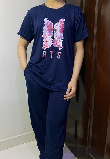 Navy Blue BTS Print T-Shirt Pajama Set For Ladies PJ-05