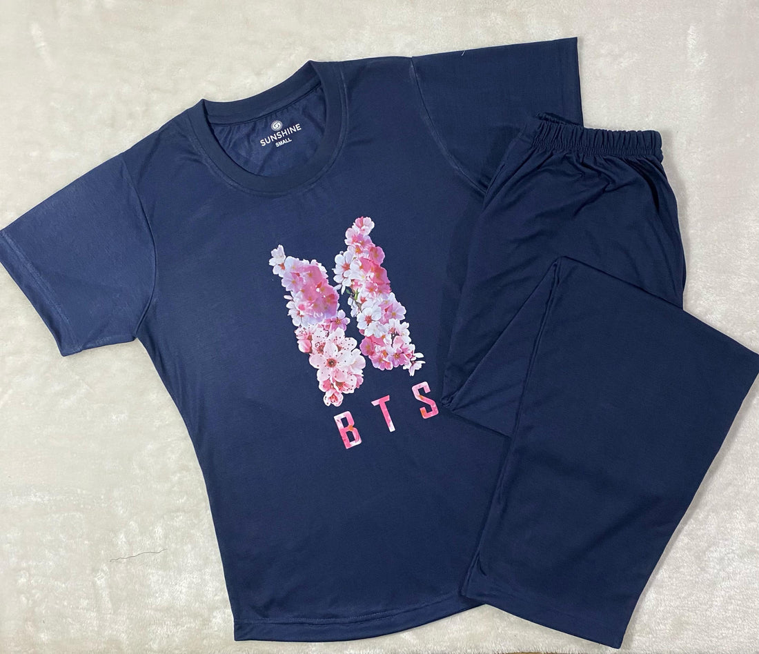 Navy Blue BTS Print T-Shirt Pajama Set For Ladies PJ-05