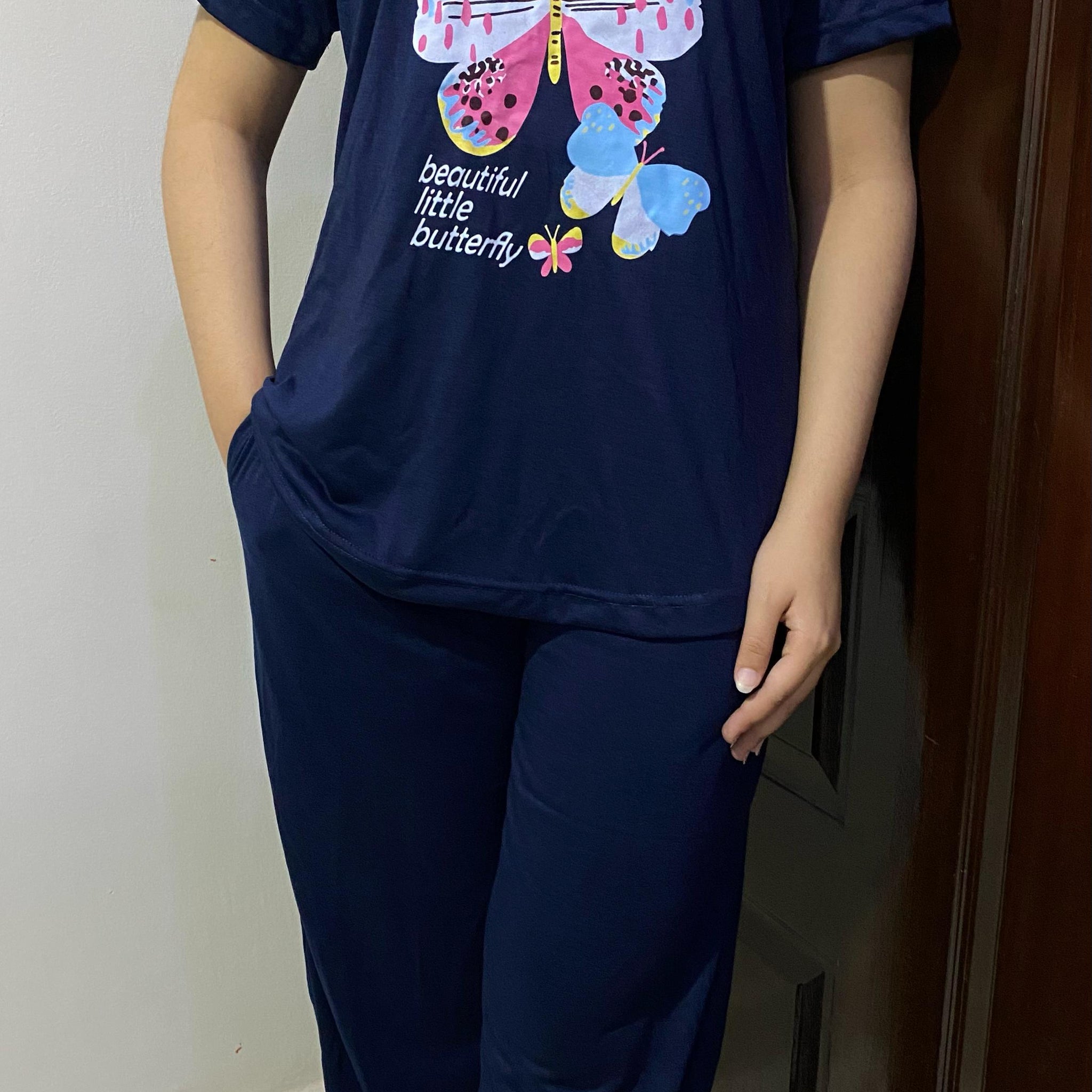 Navy Blue Butterfly Print T-Shirt Pajama Set For Ladies PJ-03