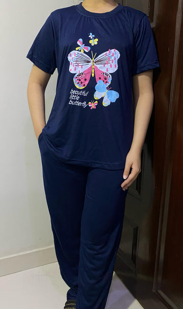 Navy Blue Butterfly Print T-Shirt Pajama Set For Ladies PJ-03