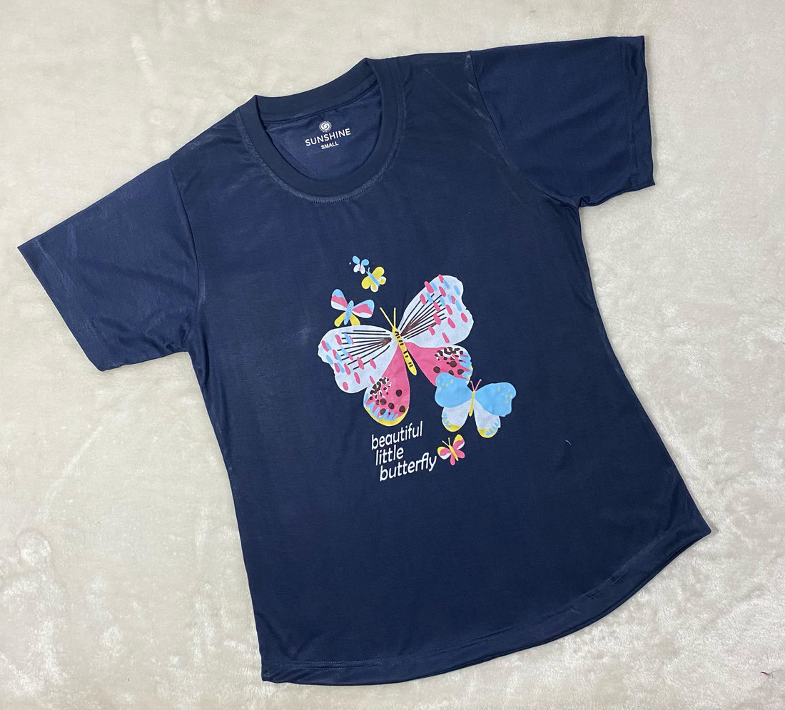 Navy Blue Butterfly Print T-Shirt Pajama Set For Ladies PJ-03