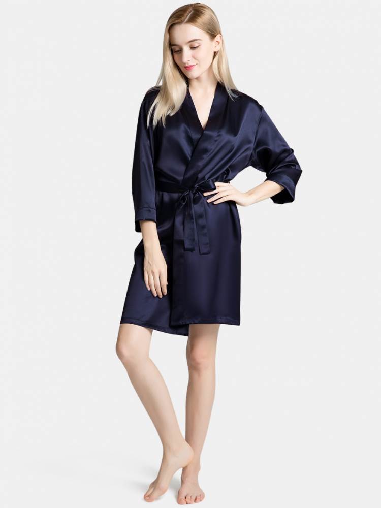 Short Blue Robe Navy Blue Silky Satin Kimono Short Robe – Maarss Online