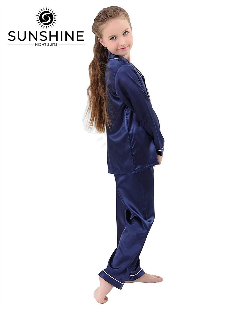 Navy Blue Silk Pajamas Set For Girls