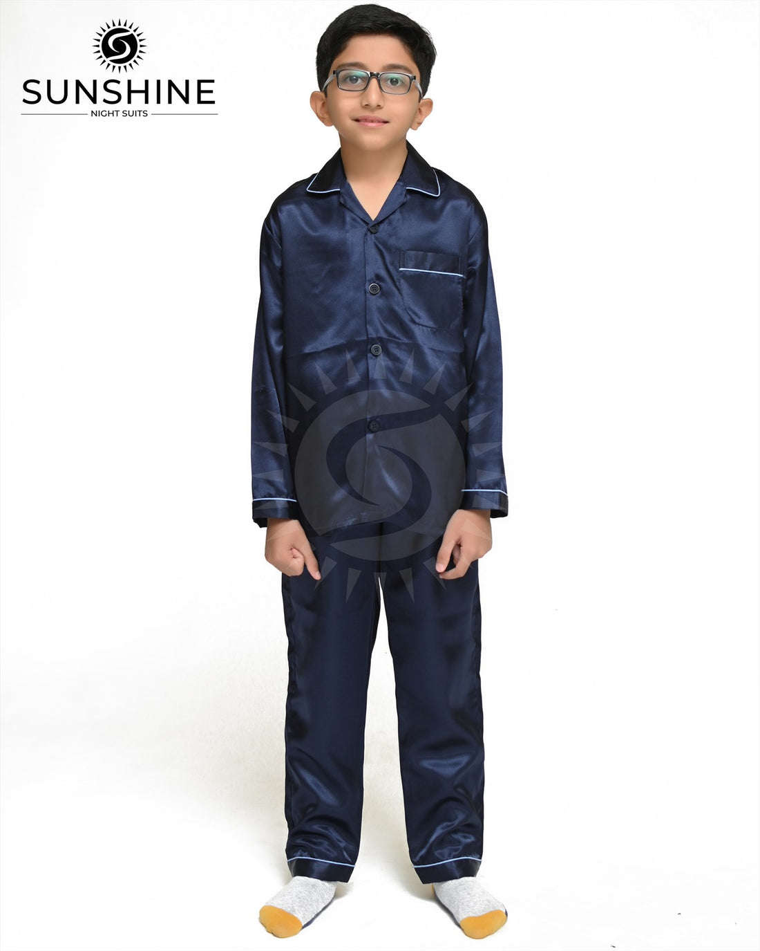 Navy Blue Silk Nightwear For Boys