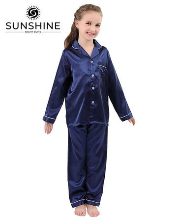 Navy Blue Silk Pajamas Set For Girls