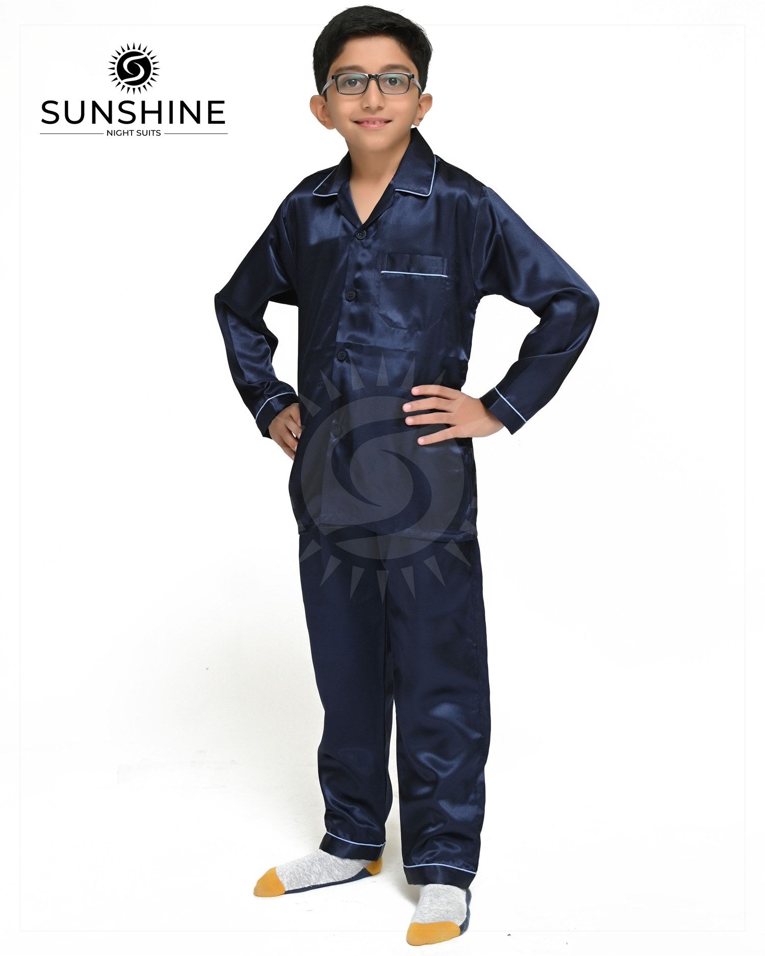 Navy Blue Silk Nightwear For Boys