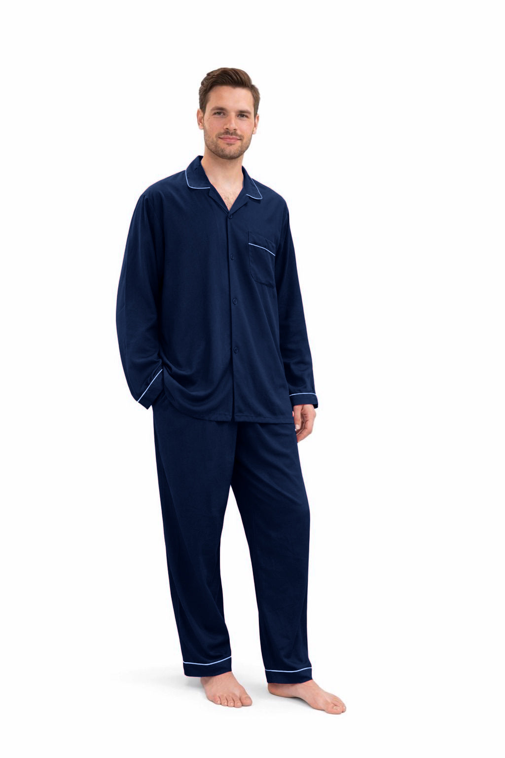 Navy Blue plain linen night suit for men with long sleeves and contrast piping, relaxed fit sleepwear set
