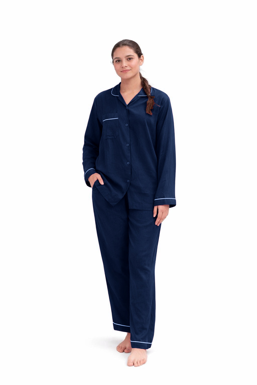 Navy Blue plain linen night suit for women with button-down shirt and relaxed fit pajama set
