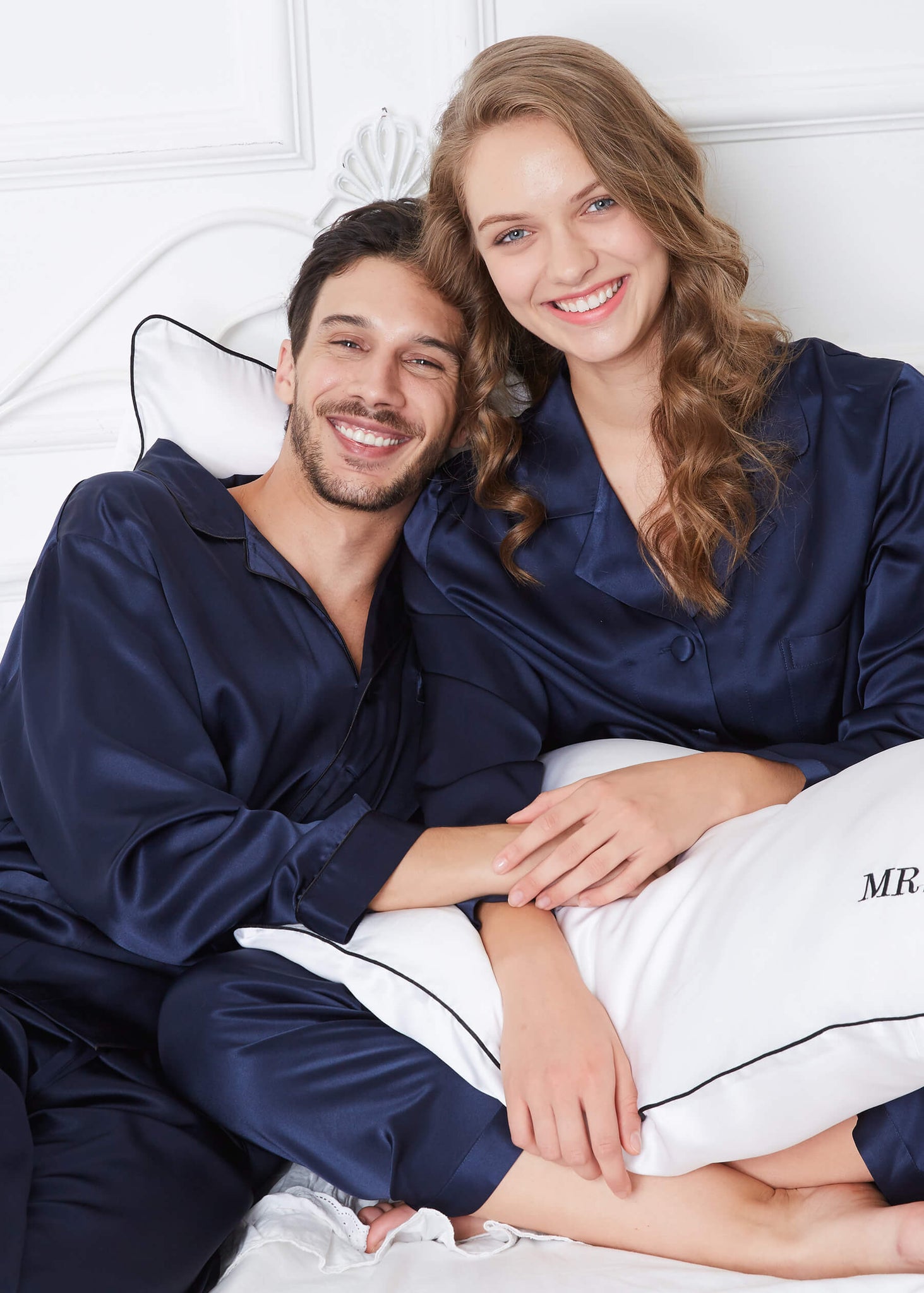 Blue Silk Couple Pajamas Sets | Matching Piping