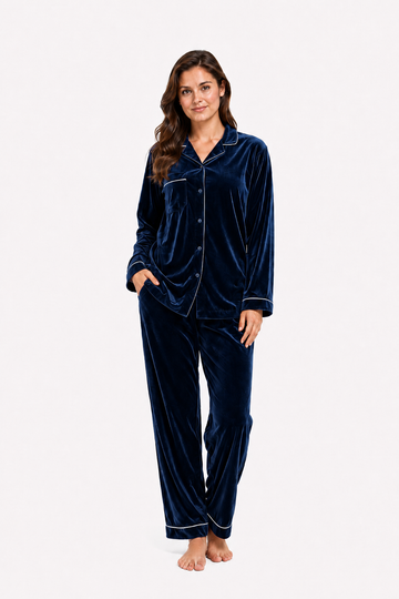 Navy Blue Velvet Night Suit for Women