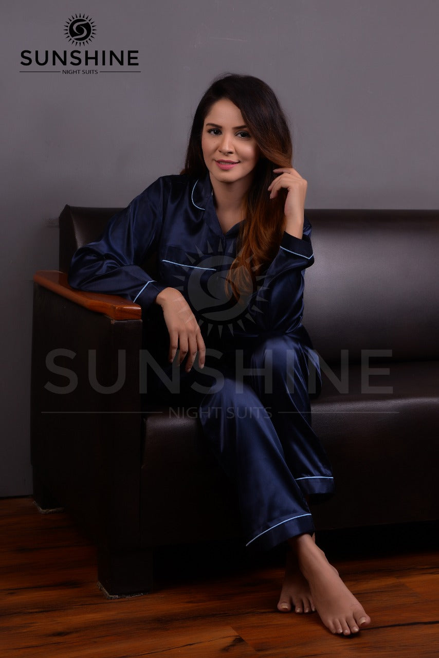 Purchase Navy Blue Silk Pajamas for Women Online at MaaRss. Explore our collection of premium black silk pajamas tailored for women. This set includes a stylish button-down long-sleeve top and relaxed-fit pants. Elevate your sleepwear with these luxurious