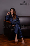 Purchase Navy Blue Silk Pajamas for Women Online at MaaRss. Explore our collection of premium black silk pajamas tailored for women. This set includes a stylish button-down long-sleeve top and relaxed-fit pants. Elevate your sleepwear with these luxurious