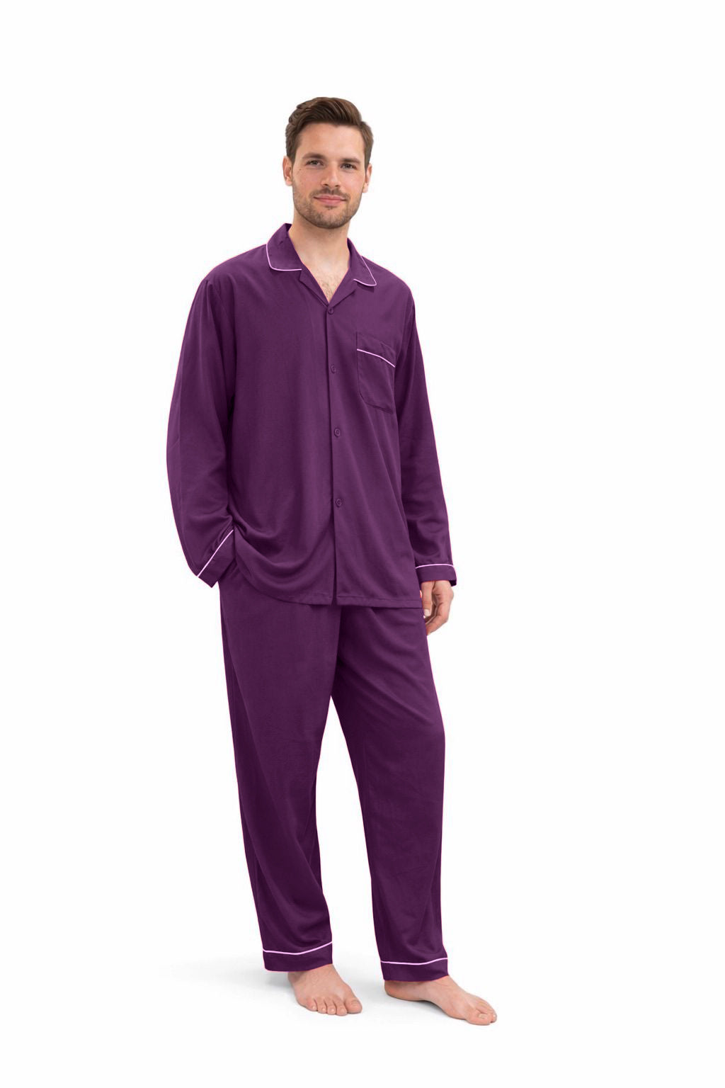Plum plain linen night suit for men with long sleeves and contrast piping, relaxed fit sleepwear set