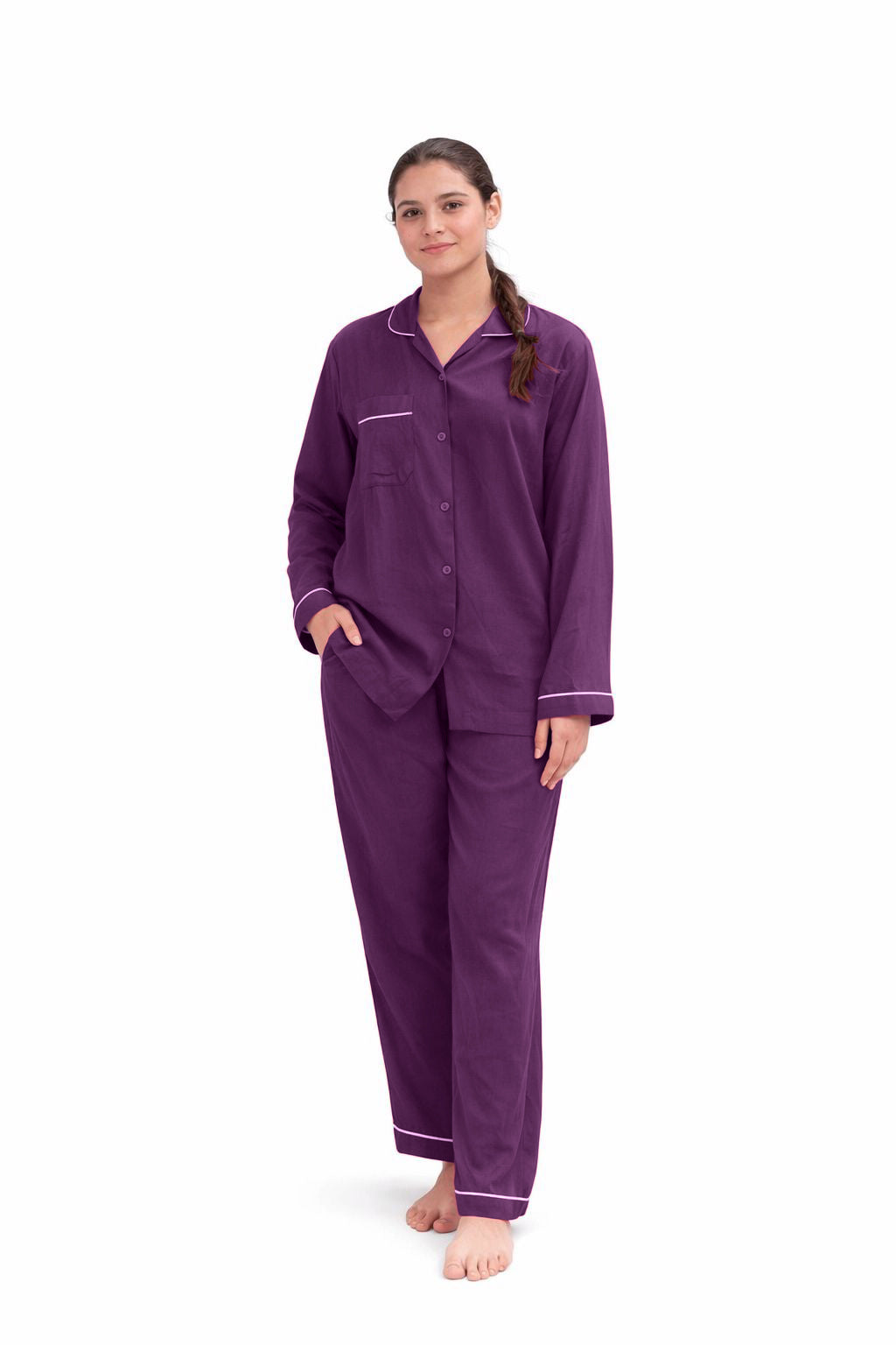Plum plain linen night suit for women with button-down shirt and relaxed fit pajama set
