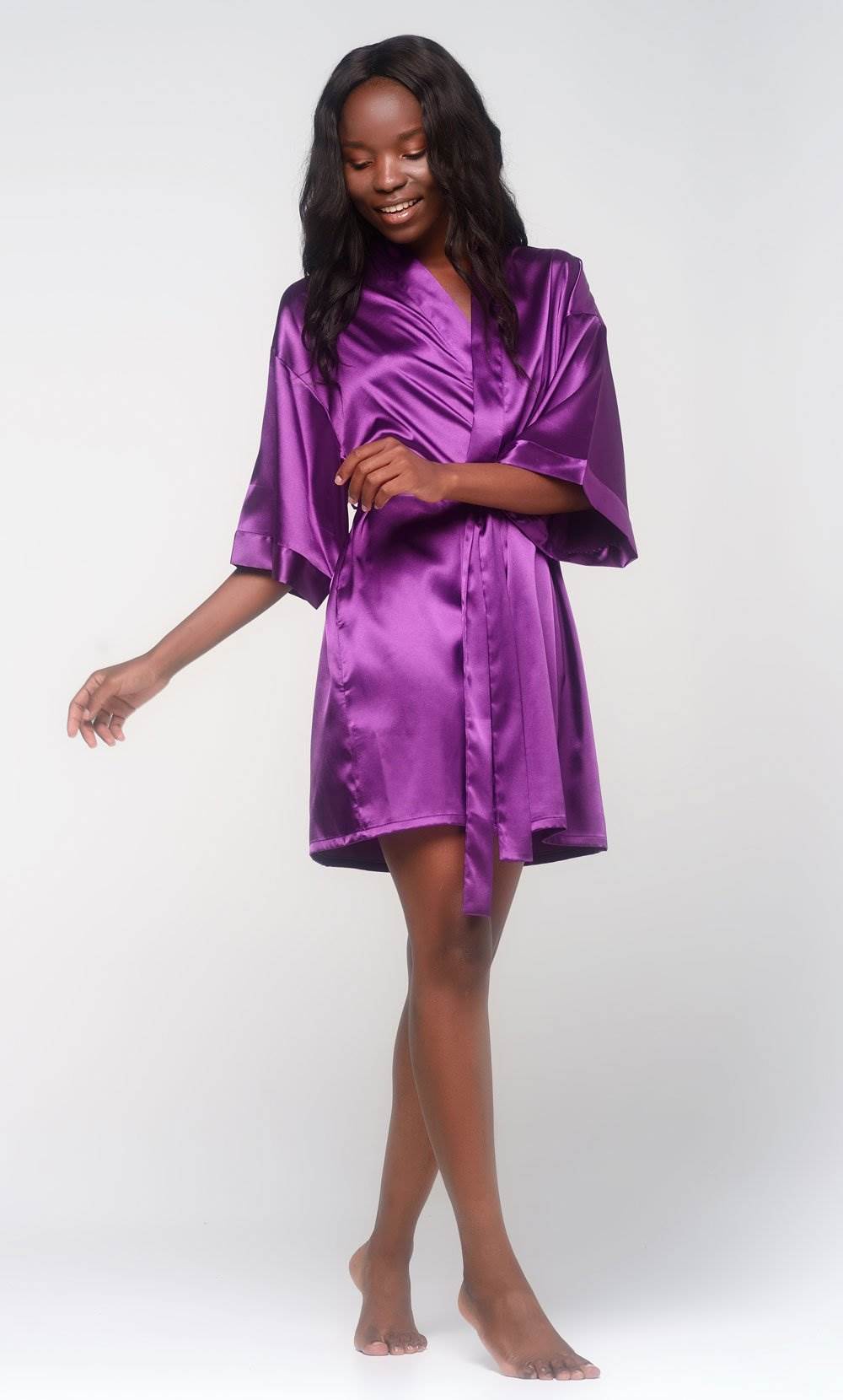 Magenta Silk Satin Kimono Short Robe