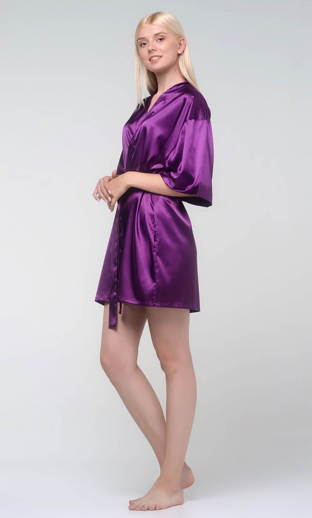 Magenta Silk Satin Kimono Short Robe