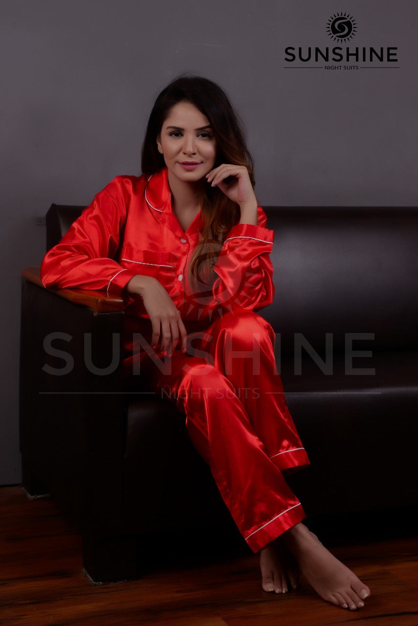 Purchase Red Silk Pajamas for Women Online at MaaRss. Explore our collection of premium black silk pajamas tailored for women. This set includes a stylish button-down long-sleeve top and relaxed-fit pants. Elevate your sleepwear with these luxurious and c