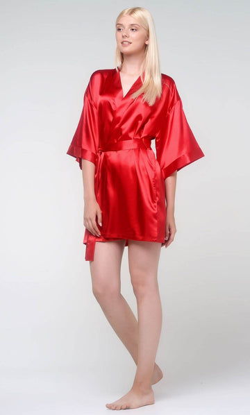 Red Silky Satin Kimono Short Robe