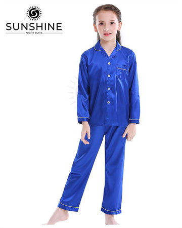 Royal Blue Silk Pajamas Set For Girls