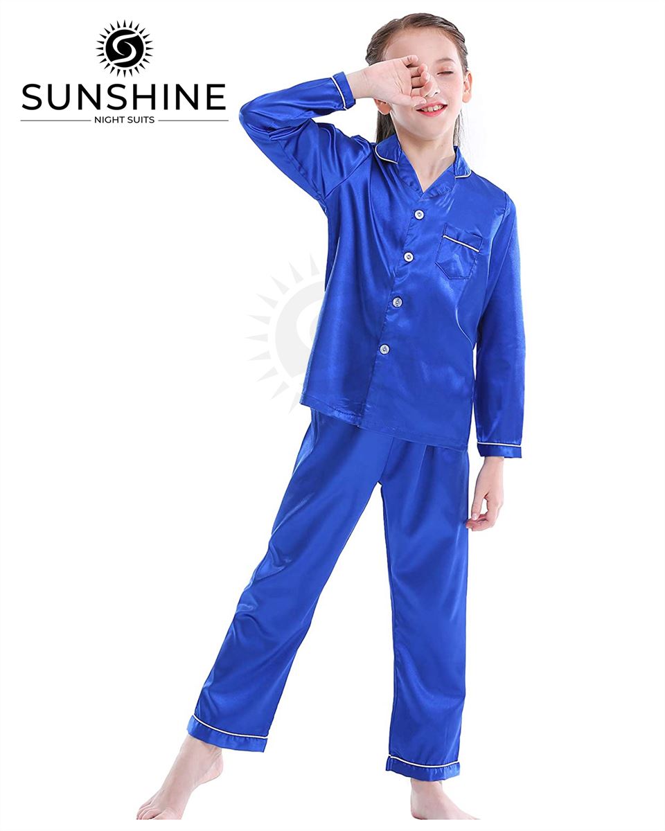 Royal Blue Silk Pajamas Set For Girls