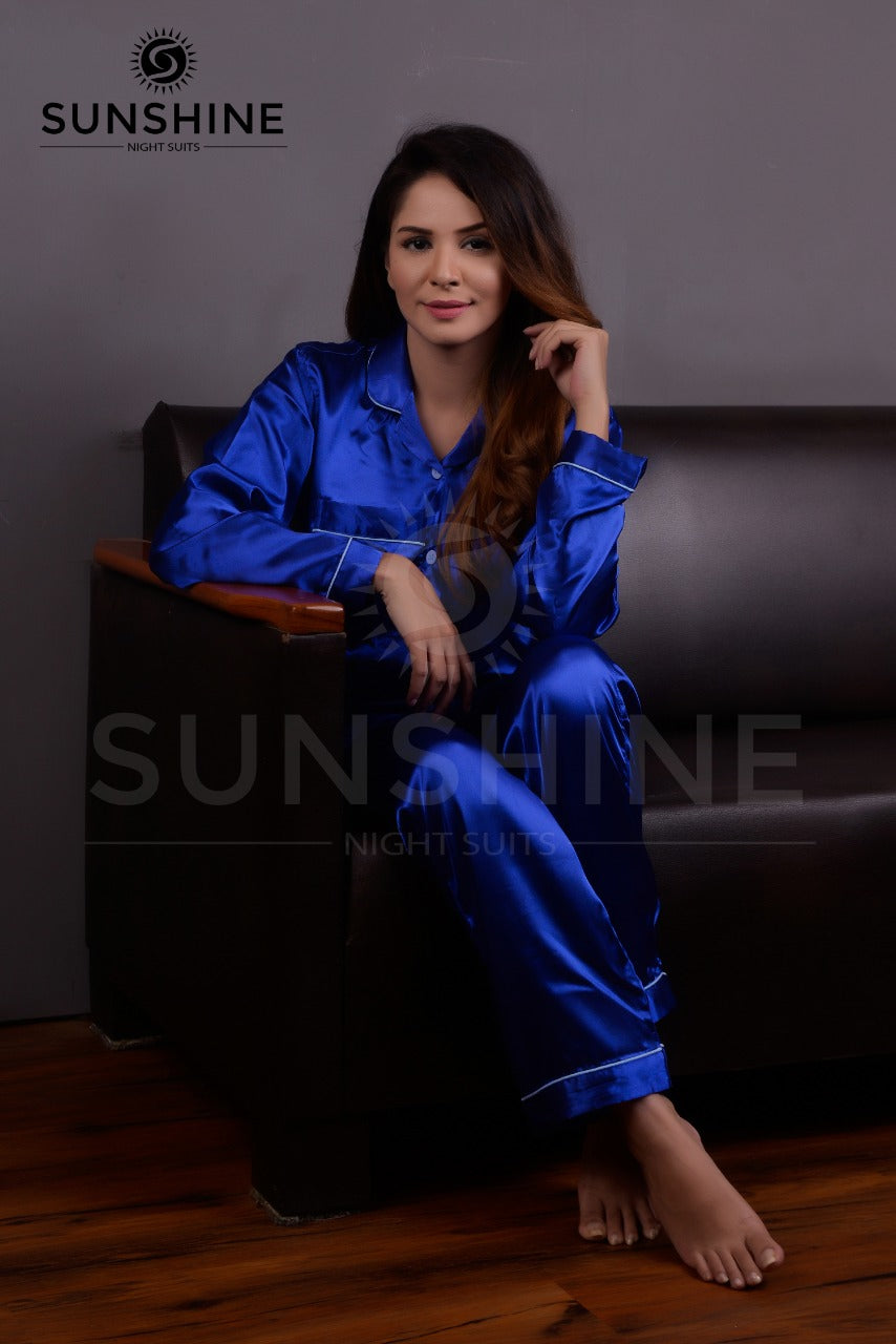 Purchase Royal Blue Silk Pajamas for Women Online at MaaRss. Explore our collection of premium black silk pajamas tailored for women. This set includes a stylish button-down long-sleeve top and relaxed-fit pants. Elevate your sleepwear with these luxuriou