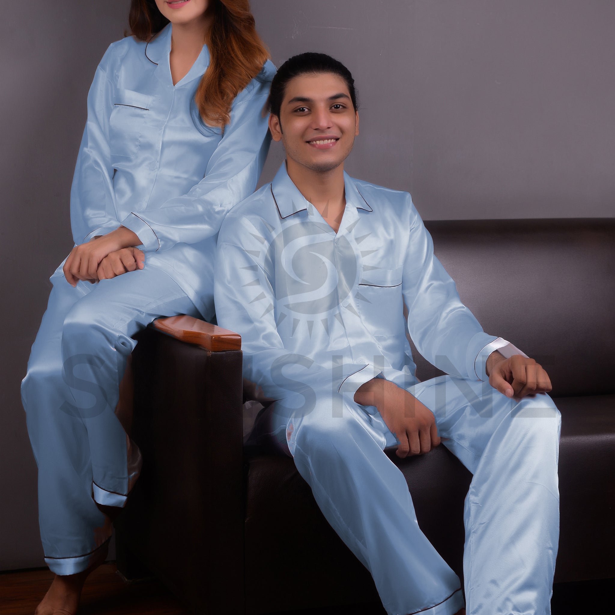 Sky Blue Silk Couple Nightwear Set – Luxurious & Romantic