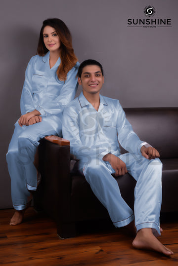 Sky Blue Silk Couple Nightwear Set – Luxurious & Romantic