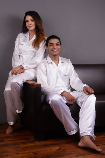 White Silk Couple Nightwear Set – Luxurious & Romantic