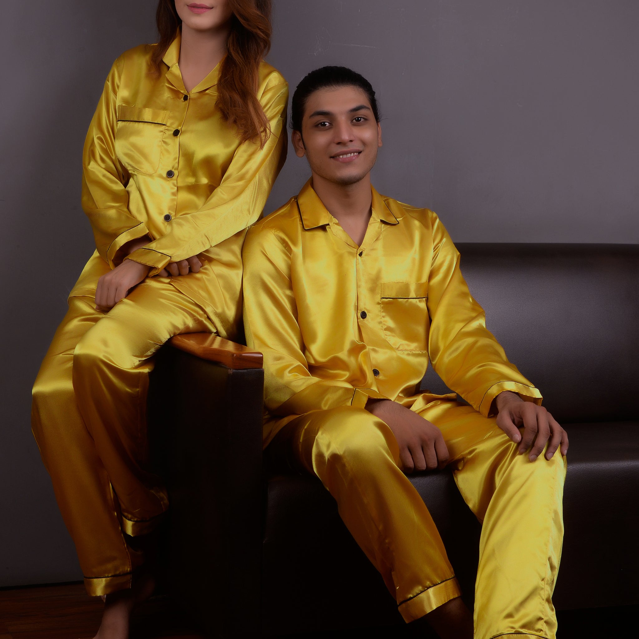 Golden Silk Couple Nightwear Set – Luxurious & Romantic