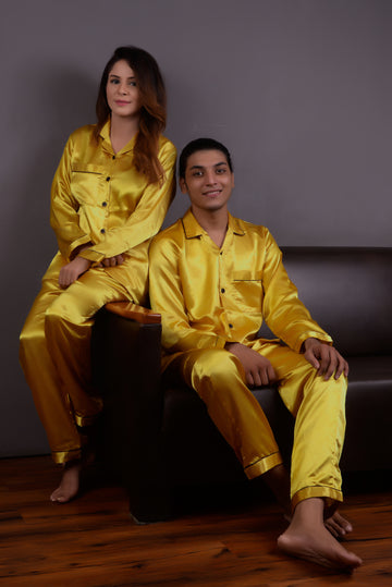 Golden Silk Couple Nightwear Set – Luxurious & Romantic