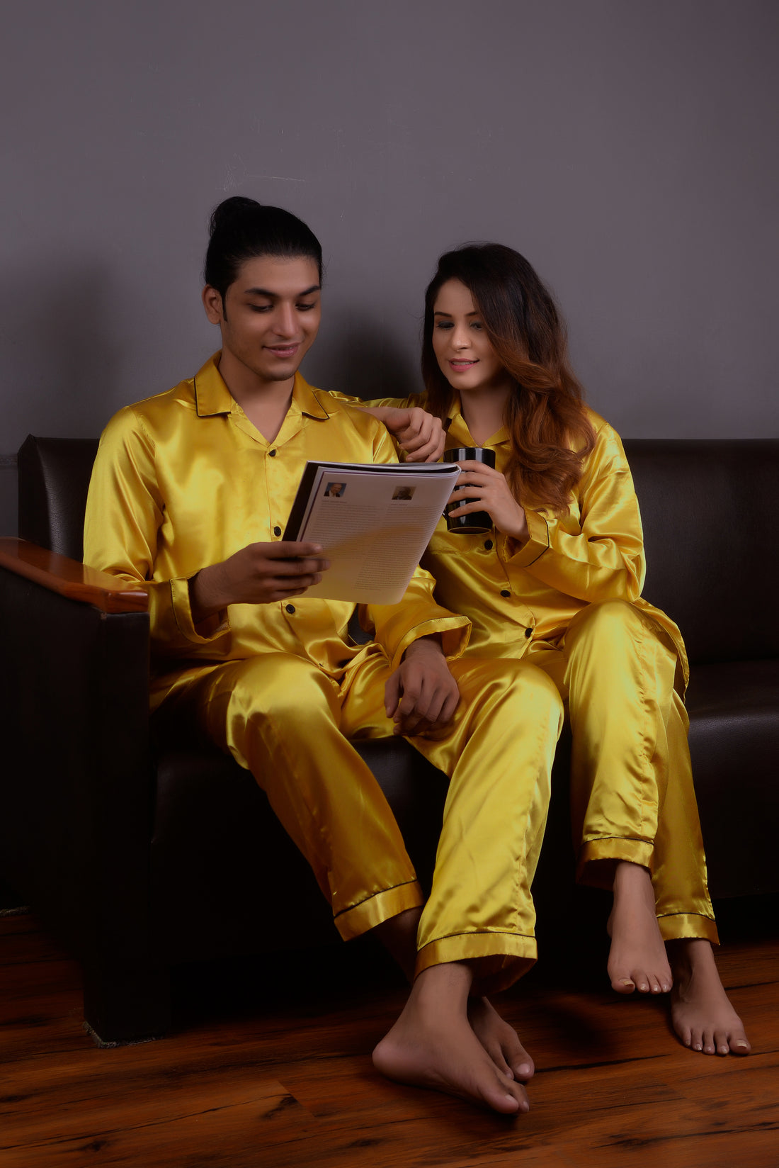 Golden Silk Couple Nightwear Set – Luxurious & Romantic