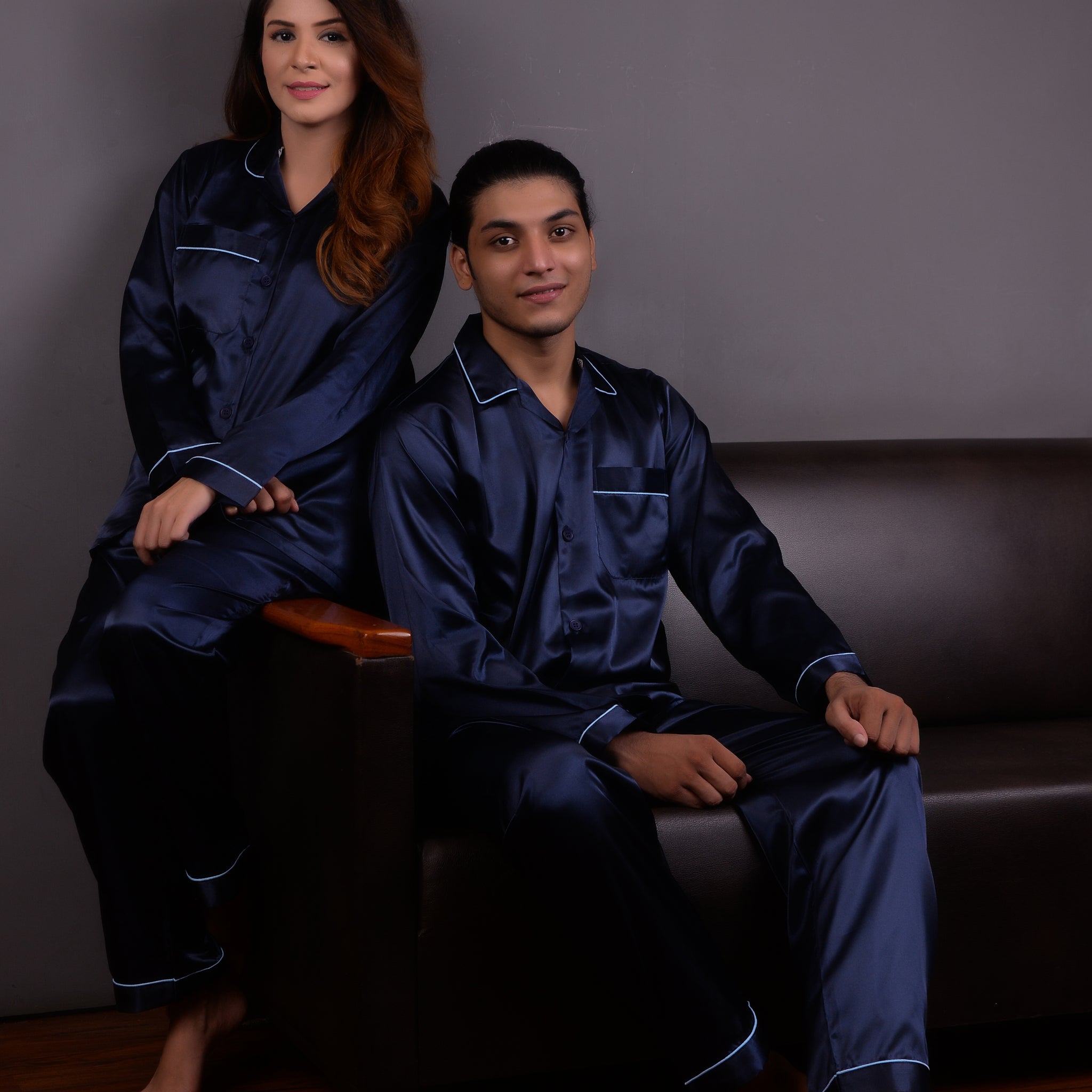 Navy Blue Silk Couple Nightwear Set – Luxurious & Romantic