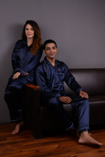 Navy Blue Silk Couple Nightwear Set – Luxurious & Romantic