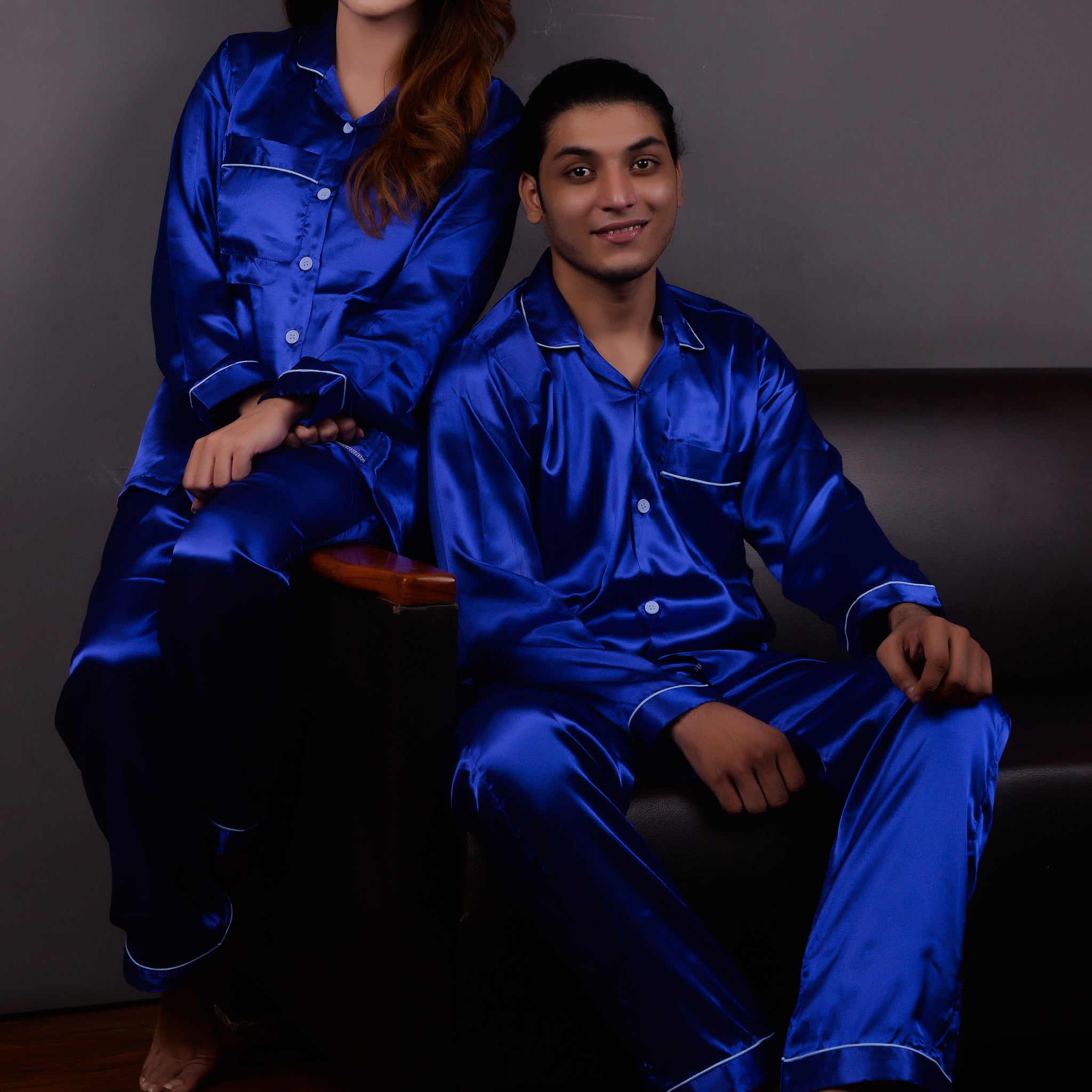 Royal Blue Silk Couple Nightwear Set – Luxurious & Romantic