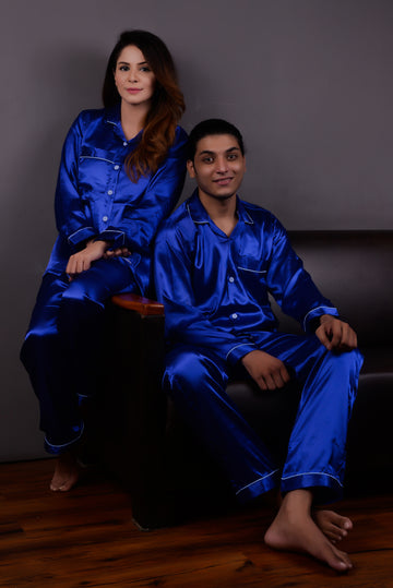 Royal Blue Silk Couple Nightwear Set – Luxurious & Romantic