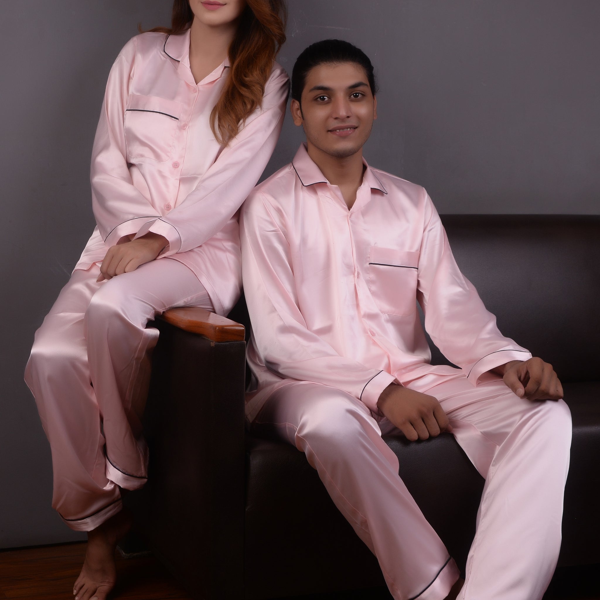 Light Pink Silk Couple Nightwear Set – Luxurious & Romantic