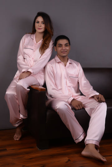 Light Pink Silk Couple Nightwear Set – Luxurious & Romantic