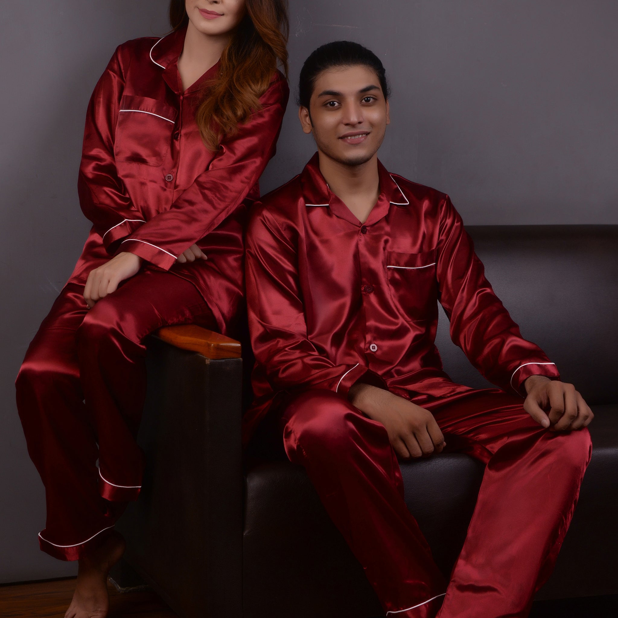 Maroon Silk Couple Nightwear Set – Luxurious & Romantic