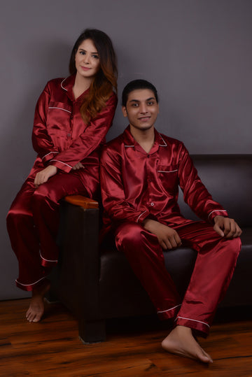 Maroon Silk Couple Nightwear Set – Luxurious & Romantic