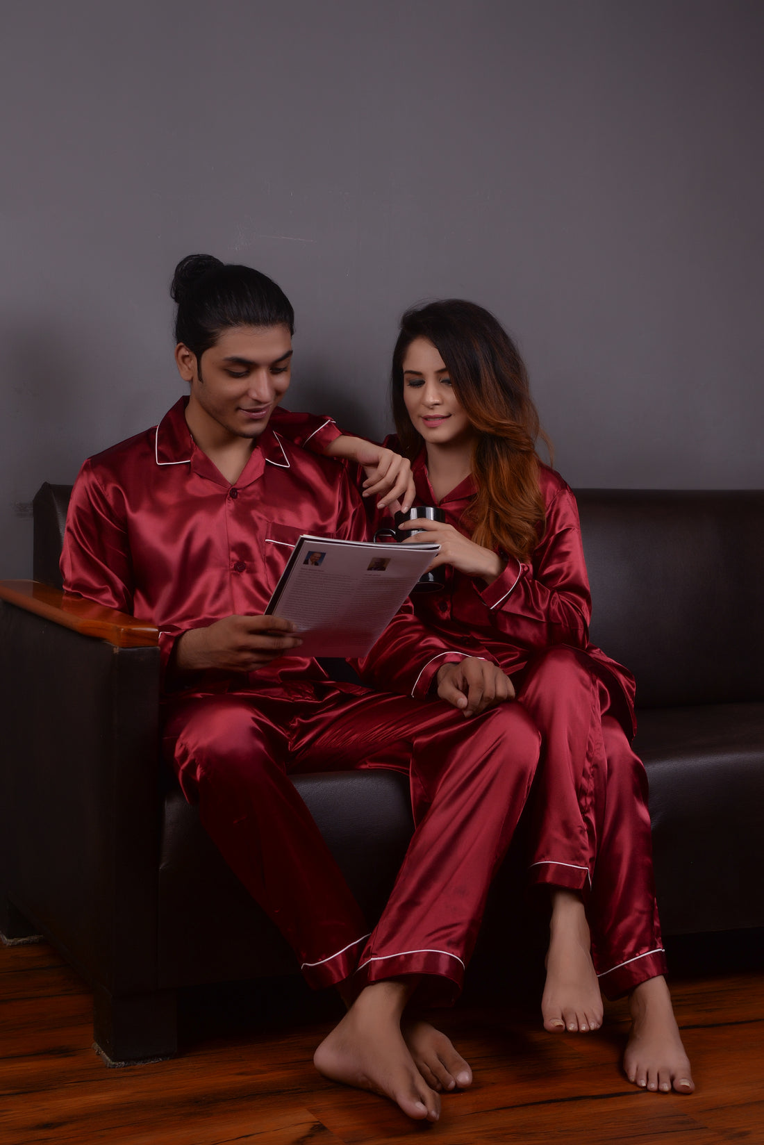 Maroon Silk Couple Nightwear Set – Luxurious & Romantic