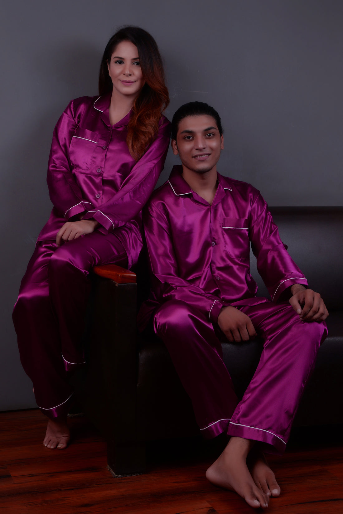 Magenta Silk Couple Nightwear Set – Luxurious & Romantic