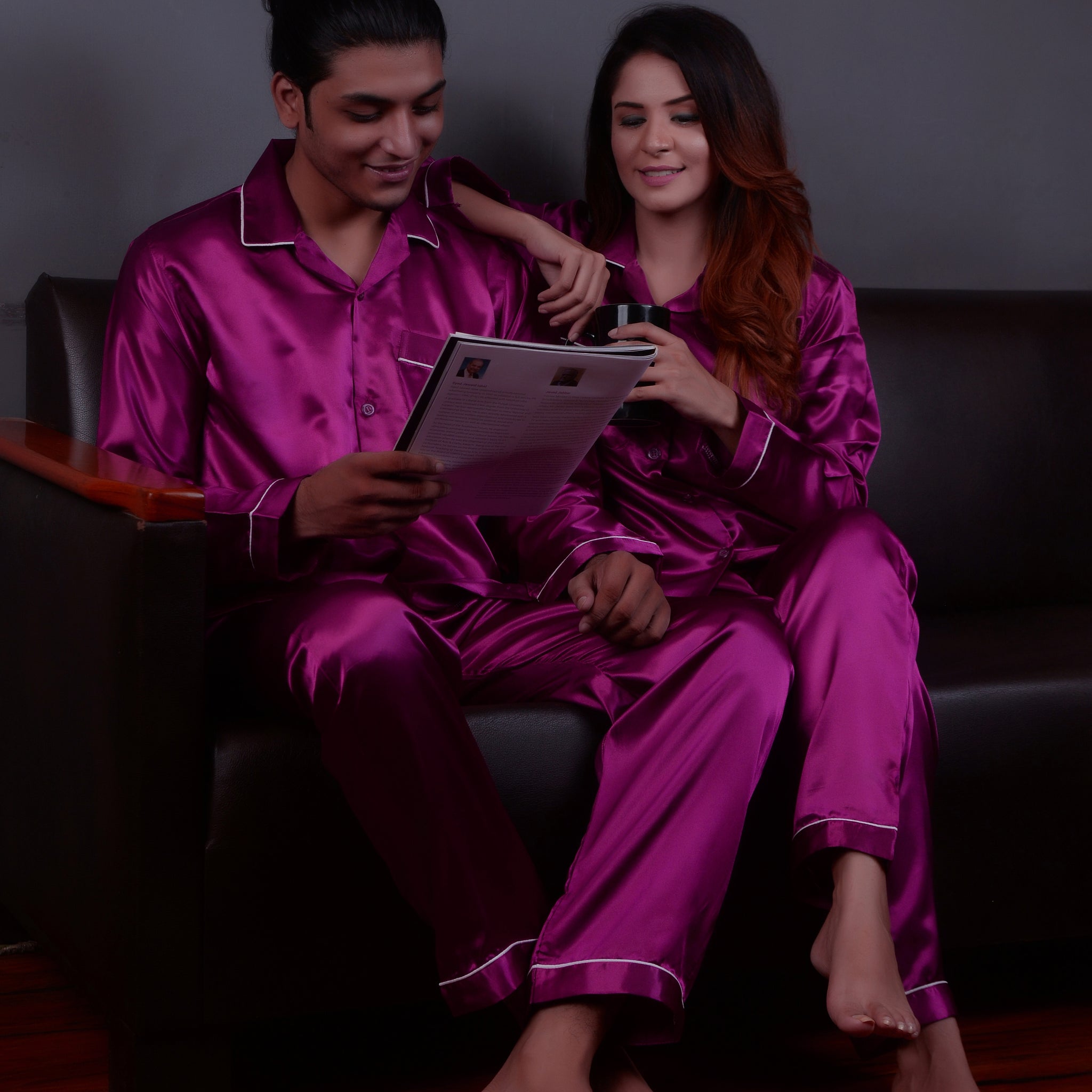 Magenta Silk Couple Nightwear Set – Luxurious & Romantic